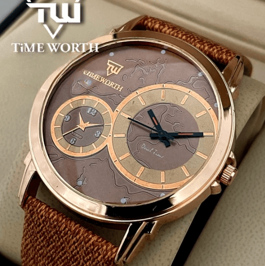 Time Worth Dual Time Stylish Brown Leather Strap Watch